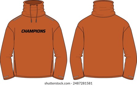 Long sleeve weather jacket sweater design flat sketch Illustration, Fleece jacket front and back view, Anorak winter jacket for Men and women. for training, Running and workout in winter.