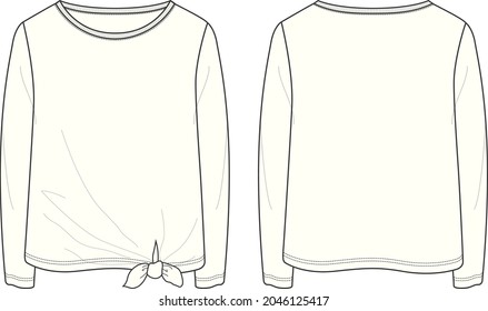 Long Sleeve Women's T shirt Overall Technical Fashion flat sketch Vector illustration template Front and back views. Apparel Clothing Ladies shirt mock up Cad.