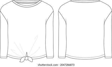 Long Sleeve Women's T shirt Overall Technical Fashion flat sketch Vector illustration template Front and back views. Apparel Clothing Ladies shirt mock up Cad.
