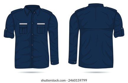 Long sleeve work shirt template front and back view. Dark blue PDH shirt mockup