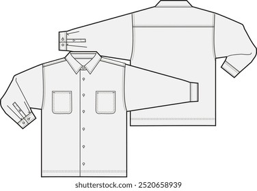 Long Sleeve Workwear Button Shirt Fashion Illustration Mock-up Template for Design and Tech Packs Front and Back Views