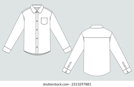 Long sleeve woven fabric shirt technical drawing fashion flat sketch vector illustration template front and back isolated on grey background.