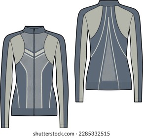 Long sleeve zip up workout sports jacket fashion vector sketch, Apparel template