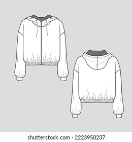 Larga manga Manga de cierre de cremallera Hoodie Elástica Recogida de ellos Soltar hombro de unión de mangas Esbozo plano de moda plantilla de dibujo vector