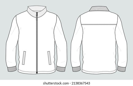 Long sleeve zipper with pocket jacket sweatshirt overall technical fashion flat sketch vector illustration template front and back view. Apparel Jacket Flat drawing vector mock up CAD.
