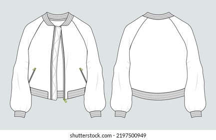Manga larga y cremallera y chaqueta de bolsillo en general moda técnica de dibujo plano plantilla vectorial en la vista frontal y trasera del parabrisas. El vector de dibujo de la Chaqueta de ropa se burla.
