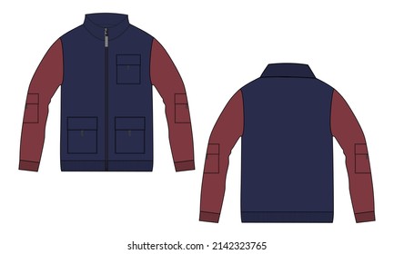 Long sleeve With zipper, pocket and Stand Up Collar jacket sweatshirt technical fashion flat sketch vector illustration Mock up Template.