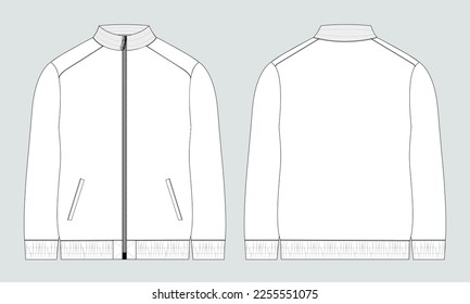 Tapón de manga larga con tracksets de bolsillo sudadera de chaqueta de camisa técnica de boceto plano modelo de ilustración vectorial de la vista frontal y trasera. 