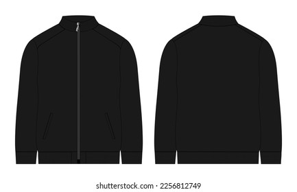 Long sleeve zipper with pocket tracksuits jacket sweatshirt technical fashion flat sketch vector illustration black color template front and back view. 