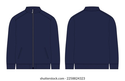 Long sleeve zipper with pocket tracksuits jacket sweatshirt technical fashion flat sketch vector illustration navy color  template front and back view. 