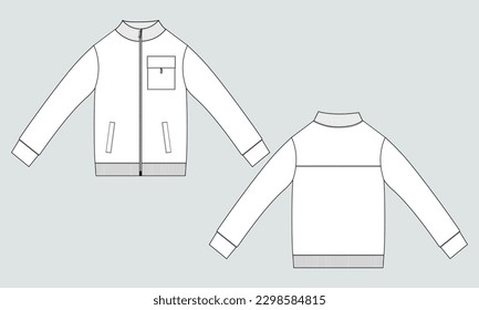 Long sleeve zipper with pocket tracksuits jacket sweatshirt technical fashion flat sketch vector illustration template front and back view.
