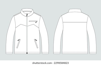 Long sleeve zipper with pocket tracksuits jacket sweatshirt technical fashion flat sketch vector illustration template front and back view.
