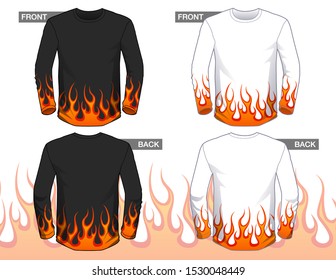 Long sleeved t-shirt templates ,Black and white colors, Flame graphic on shirts, Front and back view