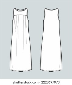 Long sleeveless dress flat sketch. Summer maxi gown apparel design. Front and back. Women CAD mockup. Technical drawing template. Vector illustration.