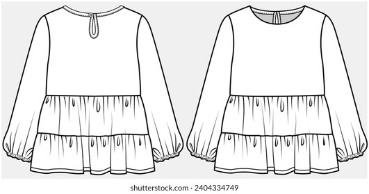 LONG SLEEVES BLOUSE WITH TIERED LAYER DETAIL DESIGNED FOR TEEN AND KID GIRLS IN VECTOR ILLUSTRATION FILE