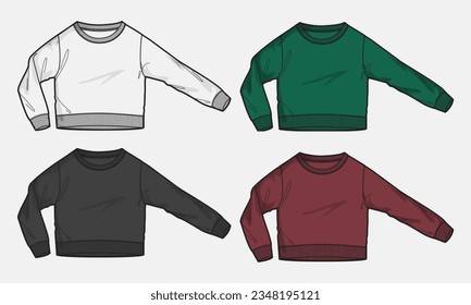 Long sleeves Cotton-terry Fleece sweatshirt technical fashion flat illustration With regular fit crew neckline. Flat Sketch jumper apparel vector template front, back view. Woman, unisex top
