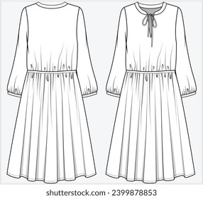 LONG SLEEVES DRESS WITH FRONT TIE UP COLLAR DETAIL DESIGNED FOR WOMEN AND YOUNG WOMEN IN VECTOR ILLUSTRATION 