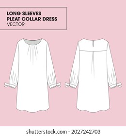 Long Sleeves Dress with Pleated Round Neck Collar Detail and Tie Cuffs