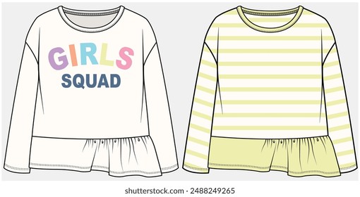 LONG SLEEVES DROP SHOULDER TOP WITH FRONT ASYMMETRIC FRILL PANEL DETAIL DESIGNED FOR TEEN AND KID GIRLS IN VECTOR