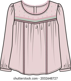 LONG SLEEVES EMBROIDERED YOKE WITH LACE DETAIL WOVEN TOP FOR KID GIRLS AND TEEN GIRLS IN EDITABLE VECTOR FILE svg