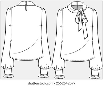 CAMISA DE DESGASTE CORPORATIVA FORMAL DE MANGA LARGA CON LAZO DE PUSSY TIE UP DISEÑADO PARA MUJERES EN ARCHIVO DE VECTOR