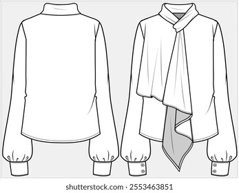LONG SLEEVES FORMAL CORPORATE WEAR SHIRT WITH ASYMMETRIC TIE UP DETAIL DESIGNED FOR WOMEN IN VECTOR FILE