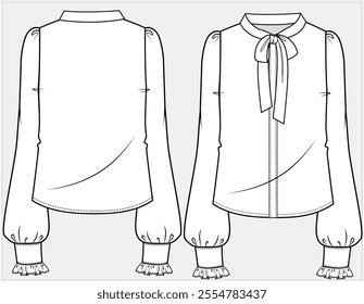 LONG SLEEVES FORMAL CORPORATE WEAR SHIRT WITH PUSSY TIE UP BOW DESIGNED FOR WOMEN IN VECTOR FILE