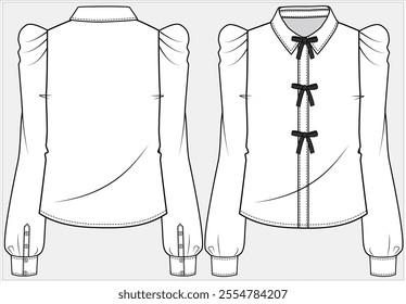 LONG SLEEVES FORMAL CORPORATE WEAR SHIRT WITH PUFF SLEEVES AND BOW DETAIL DESIGNED FOR WOMEN IN VECTOR FILE