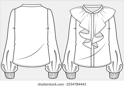 LONG SLEEVES FORMAL CORPORATE WEAR SHIRT WITH CASCADE AND SMOCKING CUFF DETAIL DESIGNED FOR WOMEN IN VECTOR FILE