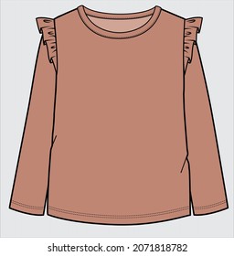 LONG SLEEVES FRILLED KNIT TOP FOR KID GIRLS AND TEEN GIRLS IN EDITABLE VECTOR FILE