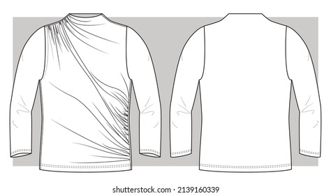 Long sleeves high-neck t-shirt with ruffles. Technical sketch.