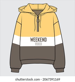 LONG SLEEVES HOODED SPORTY CROP SWEAT TOP WITH CUT AND SEW DETAIL AND TEXT GRAPHIC DESIGNED FOR WOMEN AND TEEN GIRLS IN VECTOR FILE