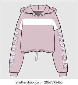 LONG SLEEVES HOODED SPORTY CROP SWEAT TOP WITH CUT AND SEW DETAIL AND TEXT GRAPHIC DESIGNED FOR WOMEN AND TEEN GIRLS IN VECTOR FILE