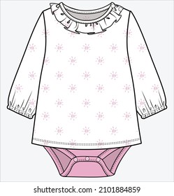 LONG SLEEVES ONESIES WITH MOCK T SHIRT AND FRILL DETAIL FOR BABY GIRLS AND TODDLER GIRLS IN EDITABLE VECTOR FILE