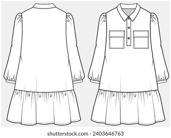 LONG SLEEVES SHIRT DRESS WITH LONGER BODY LENGTH DESIGNED FOR TEEN AND KID GIRLS IN VECTOR ILLUSTRATION FILE