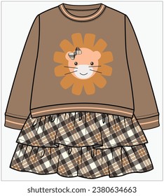 LONG SLEEVES SWEAT DRESS  WITH RIB AND PLAID LAYERED SKIRT DETAIL DESIGNED FOR INFANT GIRL TODDLER GIRL AND BABY GIRLS IN VECTOR ILLUSTRATION