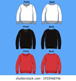 Long sleeves sweatshirt vector Flat fashion illustration-with relaxed fit Cotton apparel Sweater template front back view Color White Red Black for Mens And Women Sky blue background.