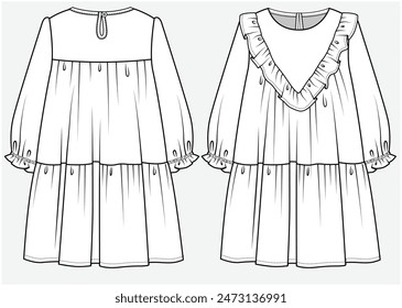 LONG SLEEVES TIERED DRESS WITH CHEVRON FRILL DETAIL DESIGNED FOR TEEN AND KID GIRLS IN VECTOR ILLUSTRATION FILE