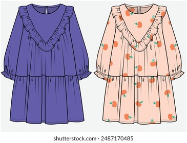 LONG SLEEVES TIERED DRESS WITH CHEVRON FRILL DETAIL DESIGNED FOR TEEN AND KID GIRLS IN VECTOR ILLUSTRATION FILE