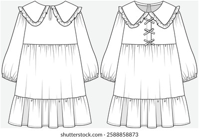 LONG SLEEVES TIERED DRESS WITH FRILL PETER PAN COLLAR AND CUTE BOW DETAIL DESIGNED FOR KID GIRLS TWEENS AND TEEN GIRLS IN VECTOR FILE		
