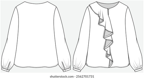 LONG SLEEVES TOP WITH ASYMMETRIC CASCADE DETAIL DESIGNED FOR YOUNG WOMEN AND TEEN GIRLS IN VECTOR FILE