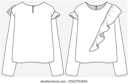 LONG SLEEVES TOP WITH ASYMMETRIC FRILL DETAIL DESIGNED FOR YOUNG WOMEN AND TEEN GIRLS IN VECTOR FILE