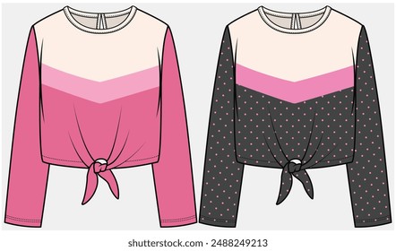 LONG SLEEVES TOP WITH FRONT TIE UP AND CHEVRON DETAIL DESIGNED FOR TEEN AND KID GIRLS IN VECTOR