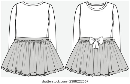 LONG SLEEVES TULLE DRESS WITH BOW AT WAIST DETAIL DESIGNED FOR FOR TEEN GIRL, TWEEN GIRLS AND KID GIRLS IN  VECTOR ILLUSTRATION