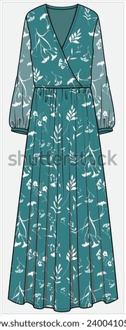 LONG SLEEVES V NECKLINE WRAP MAXI DRESS DESIGNED FOR WOMEN YOUNG WOMEN AND TEEN GIRLS IN  VECTOR ILLUSTRATION FILE
