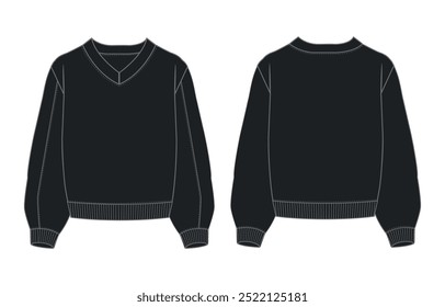 Lange Ärmel V-Ausschnitt Baumwolle-Frottee Fleece Sweatshirt technische Mode flache Illustration Mit regulärer Passform Crew Ausschnitt. Flache Sketch Jumper Bekleidung Vektor Vorlage vorne, Rückansicht. 
