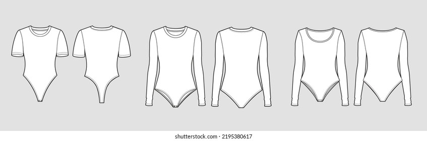 Long sleeves women body and shortsleeves bodysuit underwear pack,  front and back, drawing technical flat sketches of garments with vector illustration for fashion design collection.