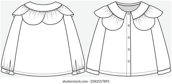 LONG SLEEVES WOVEN TOP WITH PETAL COLLAR DETAIL DESIGNED FOR TEEN AND KID GIRLS IN VECTOR ILLUSTRATION FILE