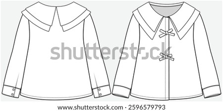 LONG SLEEVES WOVEN TOP WITH PETER PAN COLLAR AND CUTE BOW DETAIL DESIGNED FOR TEEN AND KID GIRLS IN VECTOR ILLUSTRATION FILE