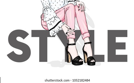 Long slender legs in tight trousers and high-heeled shoes. Fashion, style, clothing and accessories. Vector illustration. Stylish girl.